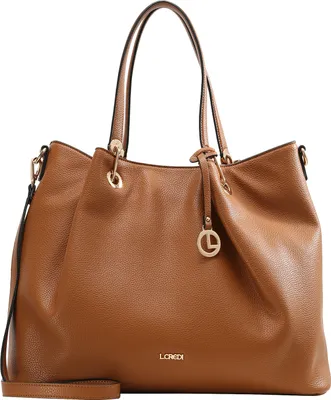 A brown leather shopper bag with gold-toned hardware and a brand logo.