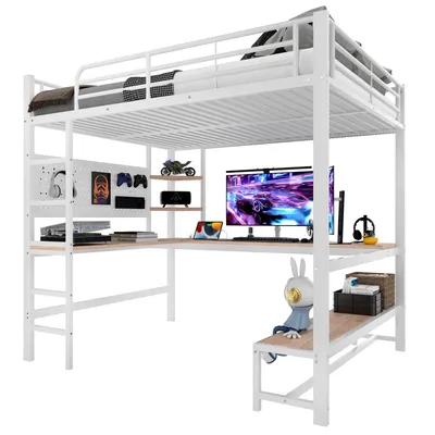 Produktbild von Hochbett mit Eckschreibtisch, LED-Streifen, Regal und USB+Typ-C, 140x200 cm, Metallbett mit Rausfallschutz