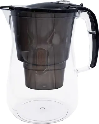 A clear studio shot of a water filter pitcher.