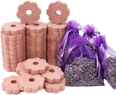 Produktbild von 30 Zedernholzringe, Lavendelsäckchen, Mottenabwehrmittel, bestehend aus 5 Lavendelsäckchen in Blumenform