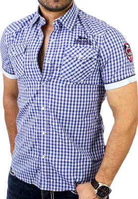 A man wearing a blue and white checkered short-sleeved shirt.