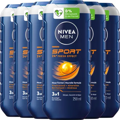 Produktbild von NIVEA MEN Pflegedusche 3in1 Duschgel Sport Körper Gesicht Haar 24h 6 x 250 ml