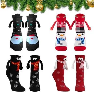 4 Paar Lustige Magnetische Weihnachtssocken, Hand in Hand Socken für Freunde und Paare, Originelle Weihnachtsgeschenke für
