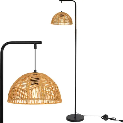 Produktbild von ZMH Stehlampe Boho Stehleuchte Wohnzimmer Standlampe Seil Schirm Standleuchte Schwarz mit Fußschalter E27 164cm Hoch Für Schlafzimmer Esszimmer