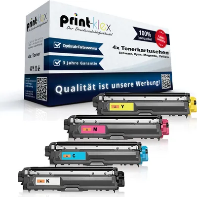 A product shot of four toner cartridges and their packaging.