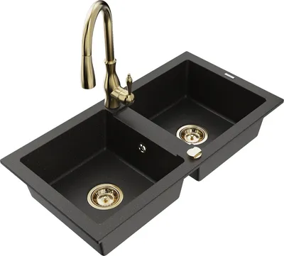 Produktbild von Mexen Mario 2-Becken-Granitspüle mit Mischbatterie Savita, Schwarz/Gold metallisch - 6504-75-672601-50