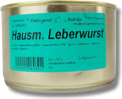 Produktbild von Hausmacher Leberwurst Dosenwurst 300g Wurstkonserve Leberpastete | Metzgerei Bühler