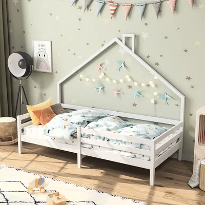 Produktbild von Fortuna Lai Kinderbett 90x200 cm, Hausbett aus Kiefer mit Schornstein, Rausfallschutz & Lattenrost, Weiß