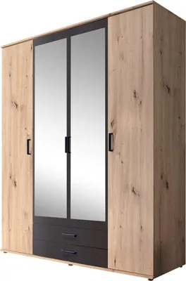 A three-door wardrobe with two mirrored doors in the center and two wooden doors on the sides, with two drawers at the bottom.
