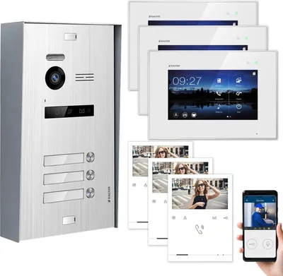 Produktbild von BALTER EVO Aufputz Silber 7" WiFi Monitor Weiß + Quick Video Türsprechanlage Set für 3 Familienhaus