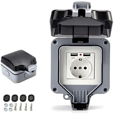 Obrázok produktu pre Zásuvka s USB – vonkajšia zásuvková skrinka – bezpečné napájanie – stupeň krytia IP66 (vodotesná) – 11 x 11 x 8 cm