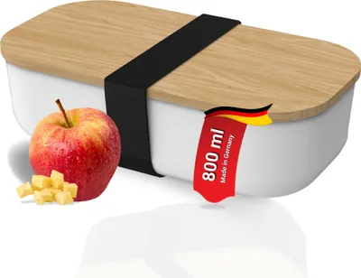 Obrázok produktu pre Úložný box "Buk" - Štýlový box na obed z plastu bezpečného pre potraviny a veka z bukového dreva, ideálny na cesty a ako box na desiatu - biely/prírodný