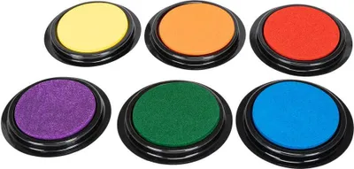 Six round ink pads in rainbow colors arranged in two rows.