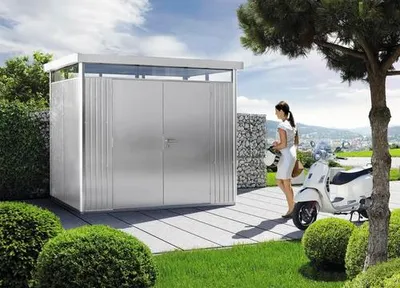 Obrázok produktu pre Plechový záhradný domček Biohort HighLine H1 dvojkrídlové dvere 254x134 cm strieborný metalický