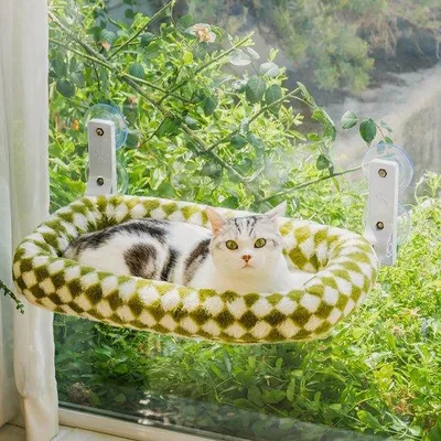 Obrázek produktu pro Uniqoos® Velká skládací kočičí pelíšek na okno, 58 x 36 cm, ocelový rám, 4 přísavky, nosnost až 18 kg, odnímatelný plyšový/síťový potah