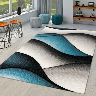 Produktbild von TT Home Moderner Kurzflor Teppich Linienmuster Meliert Konturenschnitt in Türkis Grau Größe 60x110 cm