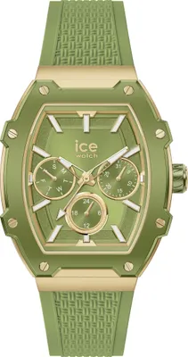 A product shot of a green and gold watch.