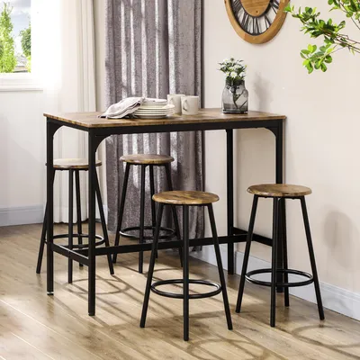 Produktbild von Sweiko 5-tlg. Bartisch-Set im Industriedesign, 1 Bartisch, 4 Barhocker, Sitzgruppe, Küchentresen, Schwarz + Braun