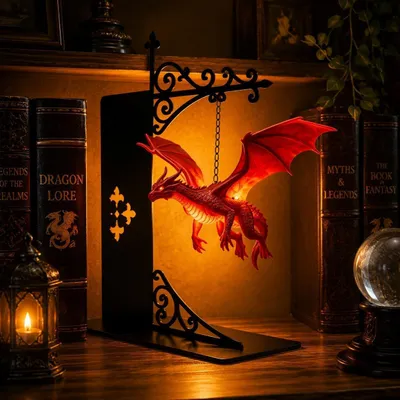 Produktbild von Magische Schwebende Drachen Bücherregal Lampe LED Nachtlicht Warm Deko für Leseecke Fantasy Bücherwurm Geschenk für Drachenliebhaber Bibliothek-Rot