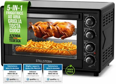 Immagine prodotto di Stillstern Mini Forno Ventilato 45L 2000W con Girarrosto – Meccanico, Timer 120 min, Pizza Ø32 cm, Antiaderente CYCLONE PRO+, MB45-MX 2G