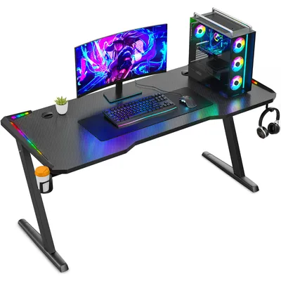 Image de Avalo Bureau Gaming - 140x60x73 cm - Bureau de jeu avec éclairage LED - Table - Noir