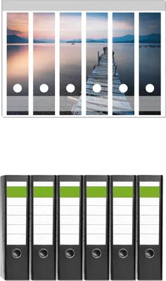 Produktbild von Wallario 6 Stück breite Ordner inkl. Klebeetiketten mit Motive Steg am See- Idylle bei Sonnenuntergang -  Set mit Rückenschildern / Ordnerrücken Stickern