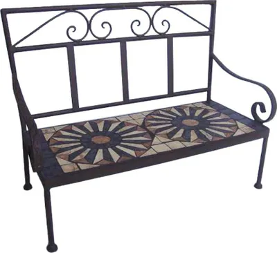 A metal bench with a tiled seat.