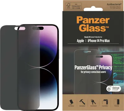 Obrázok produktu pre PanzerGlass ® Privacy Screen Protector iPhone 14 Pro Max | Classic Fit, Apple, Apple - iPhone 14 Pro Max, Suché aplikovanie, Odolné proti poškriabaniu, Odolný proti nárazom, Antibakteriálne, Priehľadná, 1 kusov