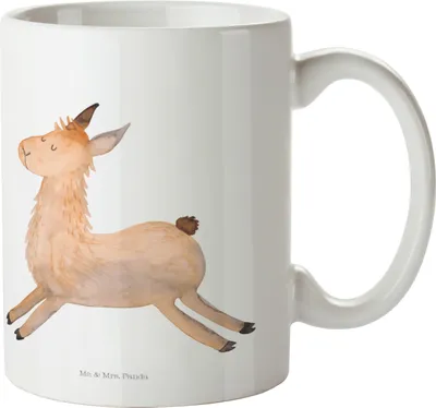 Produktbild von Mr. & Mrs. Panda Keramiktasse Lama Springen - Weiß - Geschenk, Lamas, haferl, Pott, Abitur, Liebeskummer, Kaffeebecher, Tasse, Start, Kaffeetasse, Becher, Guten Morgen