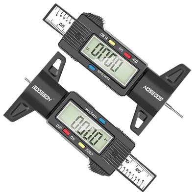 Zdjęcie produktu dla Zestaw dwóch cyfrowych mierników głębokości rowków, zakres 0-25,4 mm, wyświetlacz LCD, stal nierdzewna, jednostki mm/cale, do samochodów, motocykli, ciężarówek, kolor czarny