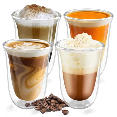 Obrázek produktu pro Dvojitě stěnové sklenice na Latte Macchiato, sada 4 kusů, objem 300 ml, vyrobené z borosilikátového skla, odolné vůči teplu, vhodné do myčky
