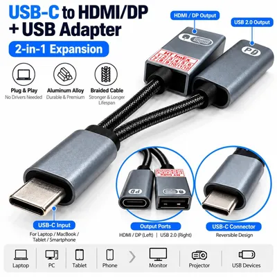 Produktbild von USB-C OTG Adapter Splitter 1 auf 2 mit PD 100W Ladeport und USB-A 2.0 Anschluss