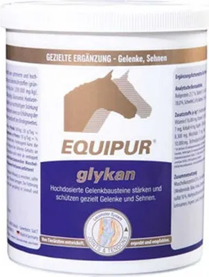 A product shot of a white tub of EQUIPUR glykan for horses.