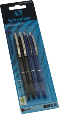 Produktbild von SCHNEIDER K15 Automatik-Kugelschreiber, 2x schwarz + 2x blau, Blister