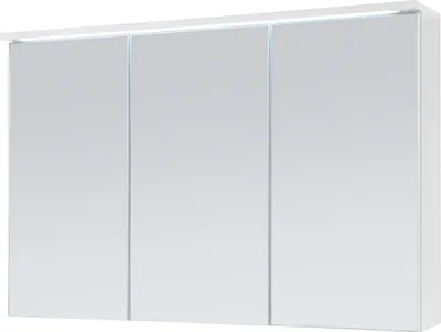 A white bathroom cabinet with three mirrored doors and integrated LED lighting.