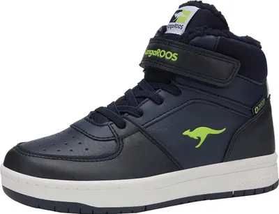 A single navy blue high-top sneaker with green accents is shown against a white background.