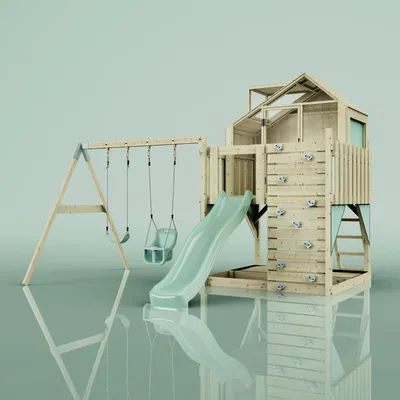 Produktbild von OutdoorToys Spielturm mit Spielhaus inkl. Wellenrutsche und 2x Kinder-Schaukel, Outdoor Klettergerüst Garten, Ausführung: Babyschaukel, Farbe: Mintgrün, mit Babyschaukel