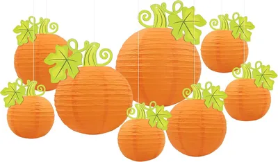 Productafbeelding van Herfstpompoen lampionnen, 8 stuks. Oranje papieren lampionnen in de vorm van pompoenen, geschikt om op te hangen voor decoratie in huis, op de boerderij, voor Halloween, het herfstseizoen of een oogstfeest