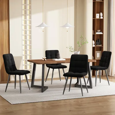 Image de Ensemble de salle à manger (5 pièces), ensemble table de salle à manger avec 4 chaises, ensemble de table de cuisine moderne, table de cuisine à motif bois avec pieds en métal noir, plateau en MDF couleur noyer, chaises de salle à manger en velours noir