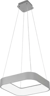 A modern, square pendant light fixture with rounded edges, suspended by thin wires from a ceiling canopy.