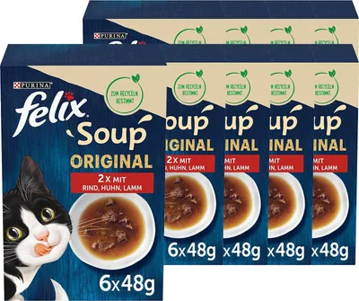 A product shot of multiple boxes of Felix cat food soup.