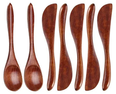 Holz-Besteckset: 5 Buttermesser + 2 Löffel, 15 cm, rotbraun