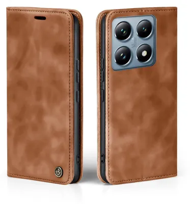 A brown leather flip case for a smartphone, shown from two angles.