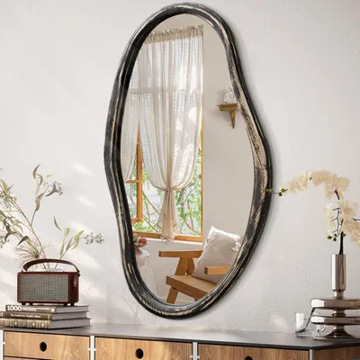 Image de Miroir mural asymétrique, dimensions 90 x 60 cm, cadre en bois noir