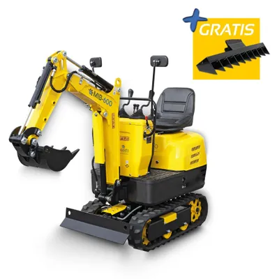 Produktbild von BAMATO Benzin Minibagger MIB-600 | E-Start | 8,5 PS | Mini Bagger Kettenbagger | 8,8 kN |Schweinwerfer | 69 cm Spurbreite | inkl. 3-Zahnlöffel & Rechen