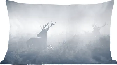 Produktbild von MuchoWow® Zierkissen Sofakissen Wohnzimmer Dekokissen 50x30 cm Hirsche - Nebel - Wald - Wohnzimmerdekoration - Polster mit Photo