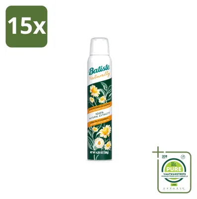 Immagine prodotto di 15 flaconi di shampoo secco naturale Batiste, alla camomilla e tè verde, da 200 ml ciascuno. Confezione grande, 15 pezzi