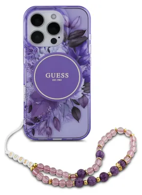 A purple floral iPhone case with a pop socket and a beaded strap.