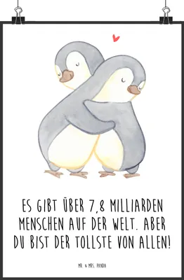 Produktbild von Mr. & Mrs. Panda Bild Pinguine Kuscheln DIN A2 - Weiß - Geschenk, für Freundin, Wandbild, Partner, Frauen, Hochzeitstag, Valentinstag, kunstdruck poster, drucke, wanddeko