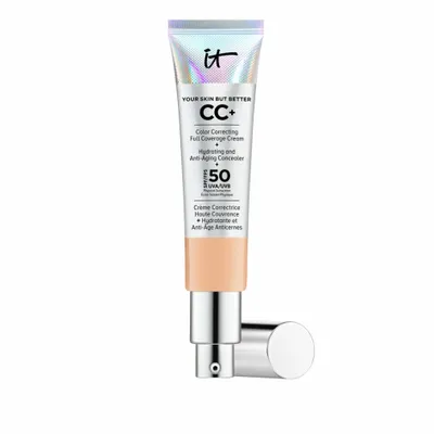 A tube of CC cream foundation with its pump dispenser and cap.